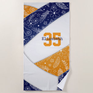 navy orange boho artsy floral feathers volleyball beach towel