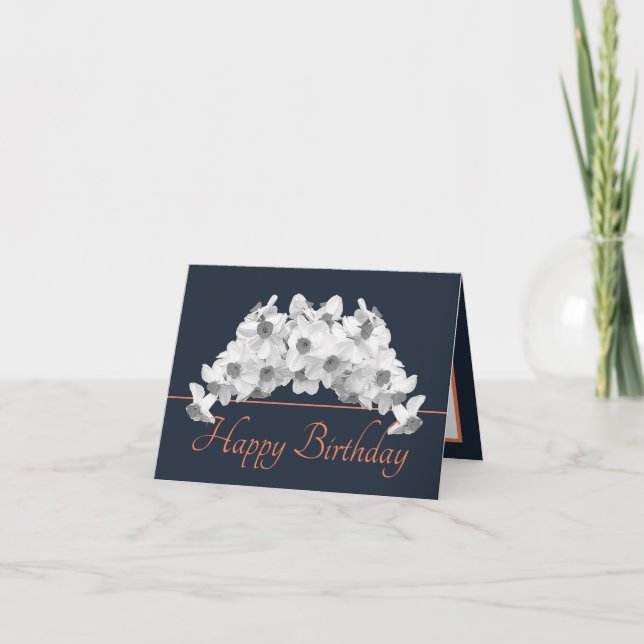 Navy Orange Bouquet White Daffodils Happy Birthday Card (Front)