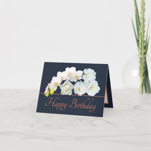 Navy Orange Bouquet White Flowers Happy Birthday Card (Front)