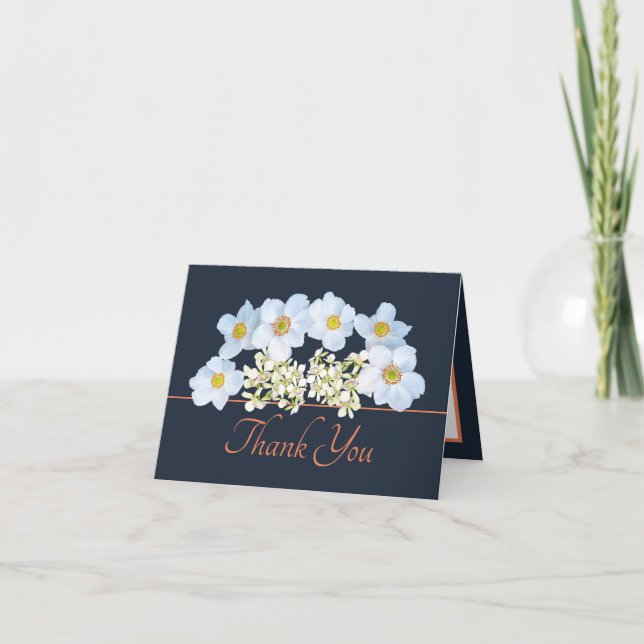 Navy Orange Chic Anemone Orchid Bouquet Thank You Card (Front)