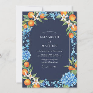 Navy Orange Citrus Eucalyptus Wedding Invitation