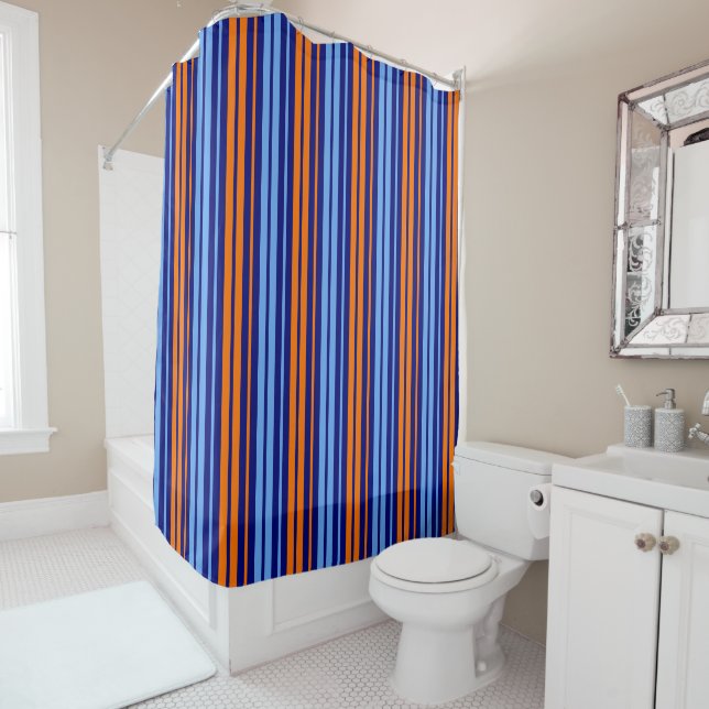 Navy Orange Cyan Vertical Stripes Design   Shower Curtain (In Situ)