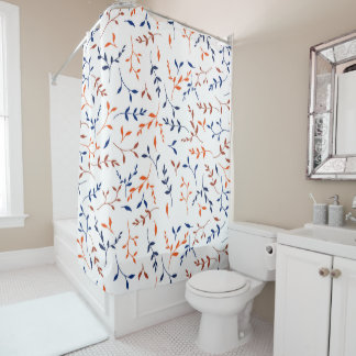 Navy Orange Ditsy Botanical Leaf Pattern Shower Curtain