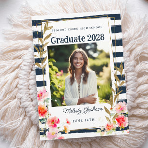 Navy Orange Floral Gold Graduation Announcement