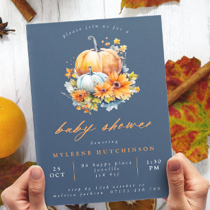 Navy & Orange Floral Pumpkin Baby Shower Invitation