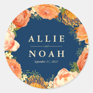 Navy & Orange Floral wedding Classic Round Sticker