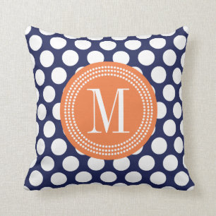 Navy & Orange Green Big Polka Dots Monogrammed Cushion