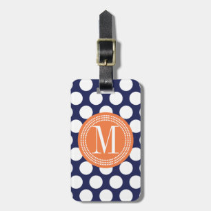 Navy & Orange Green Big Polka Dots Monogrammed Luggage Tag