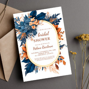 Navy Orange Modern Elegant Floral Bridal Shower Invitation
