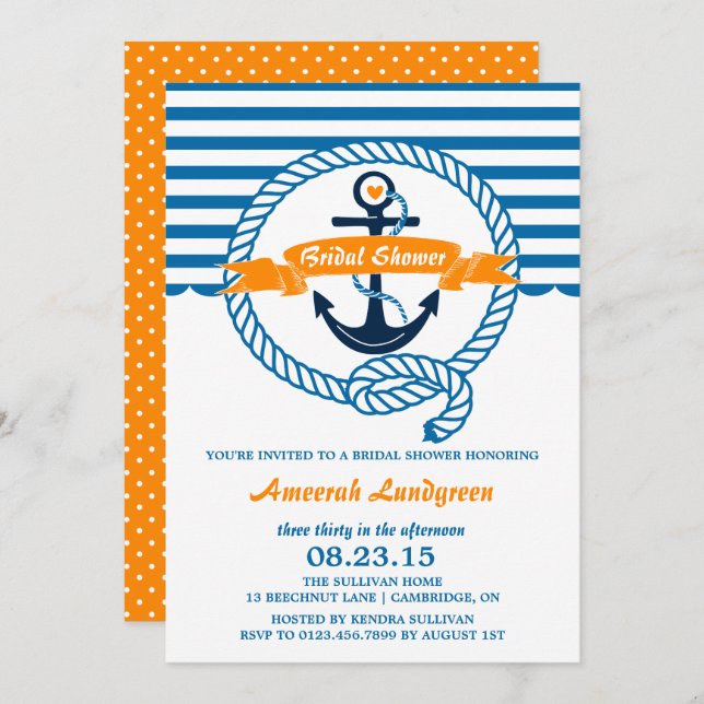 Navy & Orange Nautical Bridal Shower Invitation (Front/Back)
