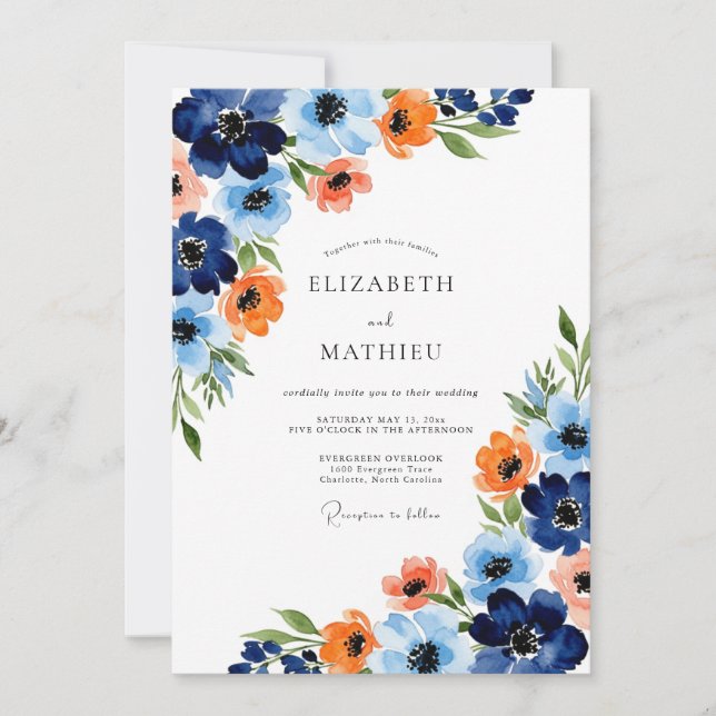 Navy Orange Painterly Bloom Wedding Invitation (Front)