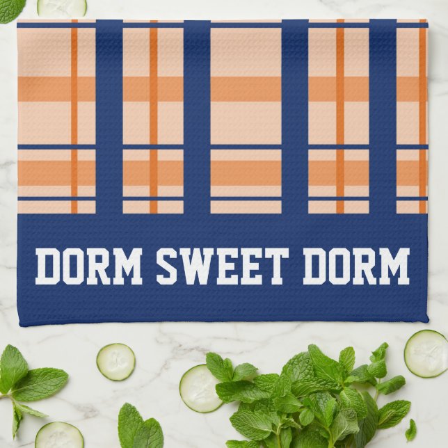 Navy Orange Plaid College Team Cool Dorm School Tea Towel (Folded)