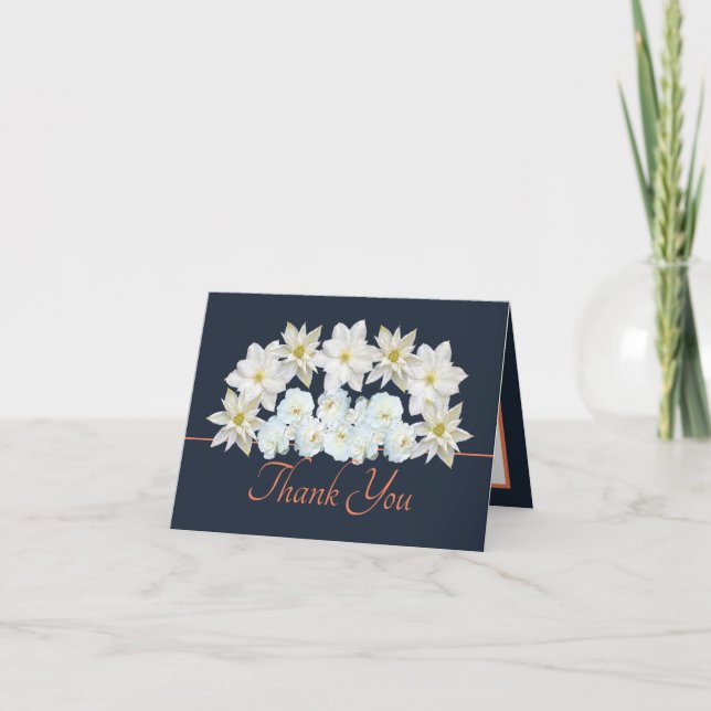 Navy Orange Pretty White Flowers Bouquet Thank You Card (Front)