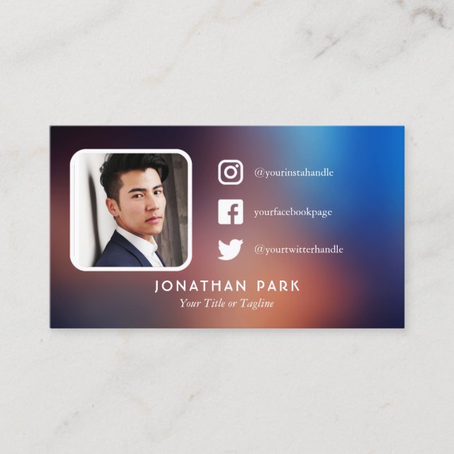 Navy & Orange Profile Photo Social Media Business Card (Front)