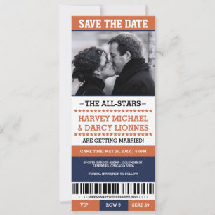 Navy & Orange Sports Ticket Save the Date