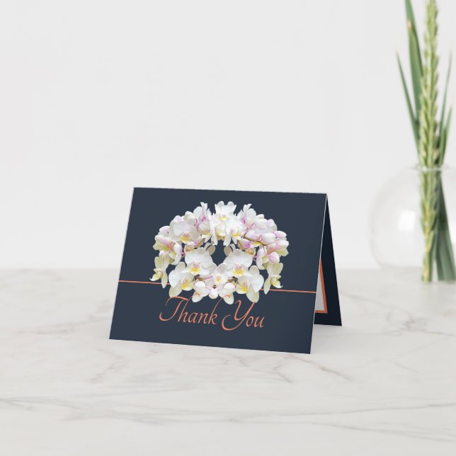 Navy Orange White Orchids Chic Bouquet Thank You Card (Front)