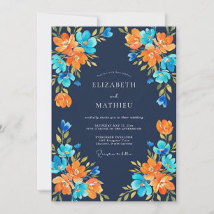 Navy Orange Wildflower Wedding Invitation