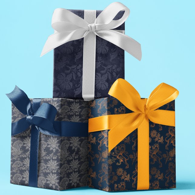 Navy Ornate Damask Blue Pattern Wrapping Paper Sheet (Creator Uploaded)