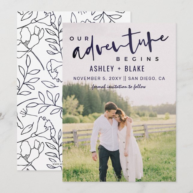 Navy Our Adventure Begins Photo Save the Date Announcement (Front/Back)