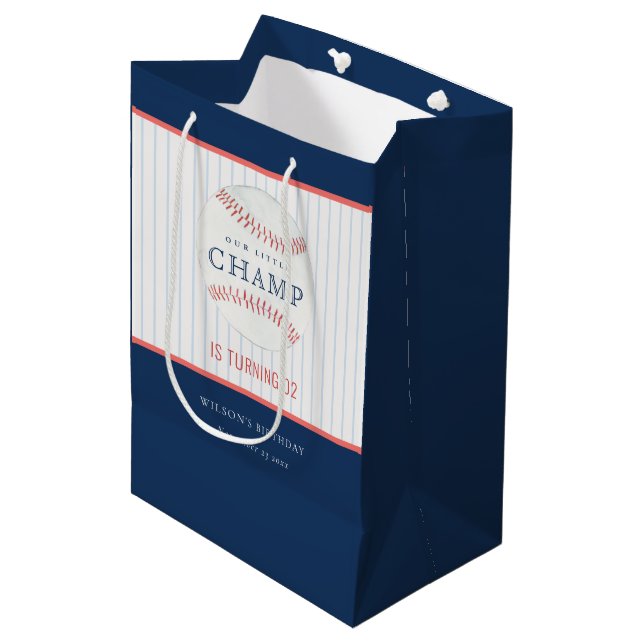Navy Our Little Champ Baseball Any Age Birthday Medium Gift Bag (Front Angled)