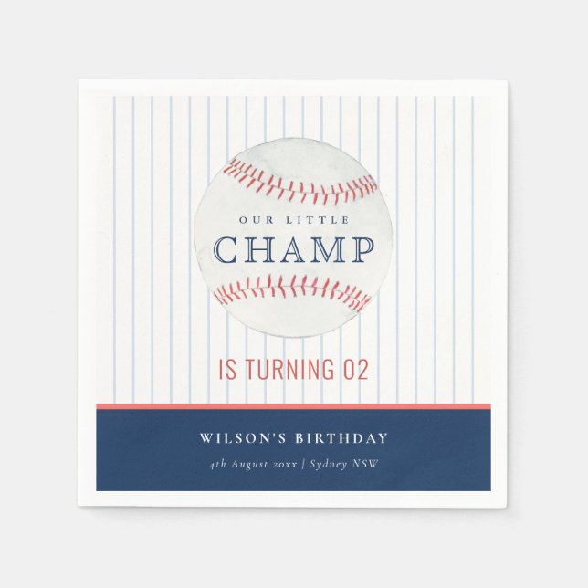 Navy Our Little Champ Baseball Any Age Birthday Napkin (Front)