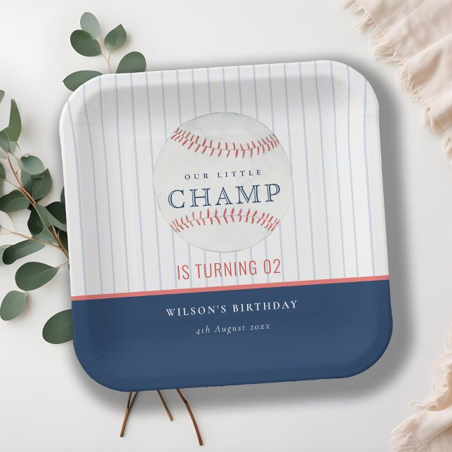 Navy Our Little Champ Baseball Any Age Birthday Paper Plate (Creator Uploaded)