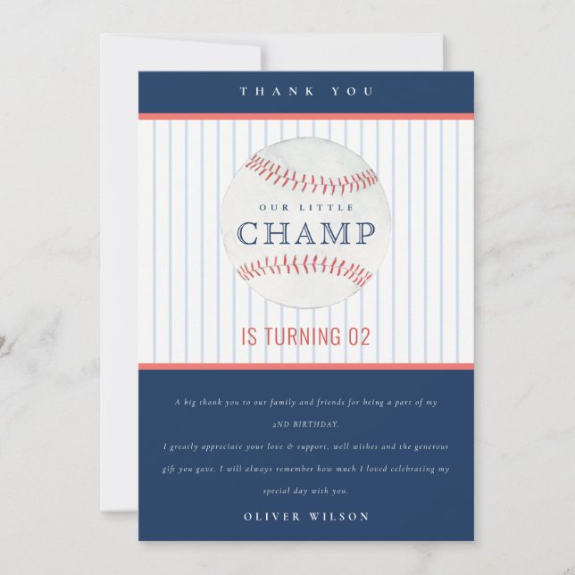 Navy Our Little Champ Baseball Any Age Birthday Thank You Card (Front)