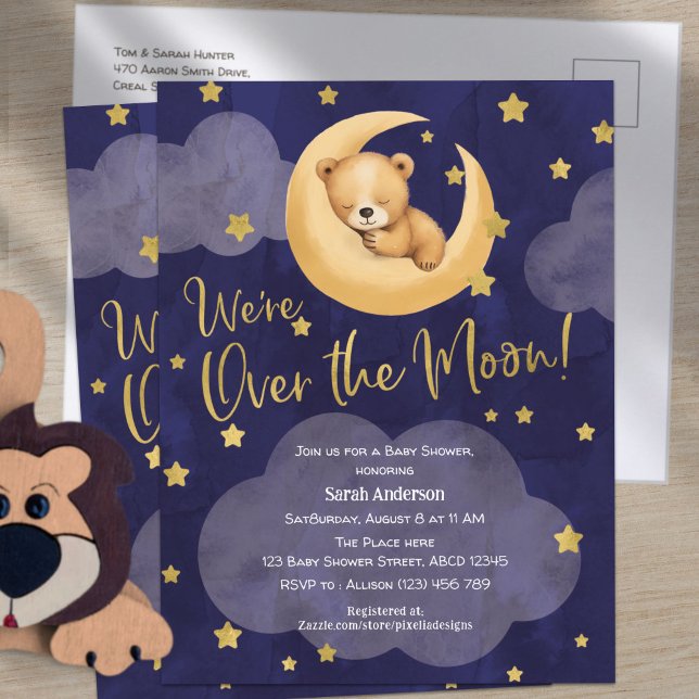 Navy Over the Moon Teddy Bear Twinkle Little Stars Invitation Postcard (Teddy Bear, Over The moon Themed, Baby Shower postcard invitation.)