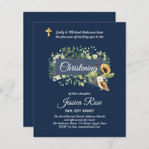 Navy Owl Sunflowers Christening Invites Baptism 