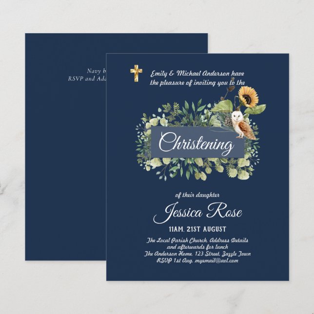 Navy Owl Sunflowers Christening Invites Baptism  (Front/Back)