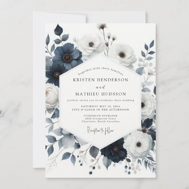 Navy Painterly Bloom Wedding Invitation (Front)