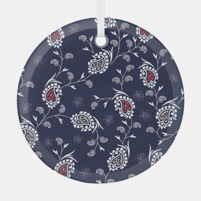Navy Paisley: Elegant Pattern Design. Glass Tree Decoration (Front)
