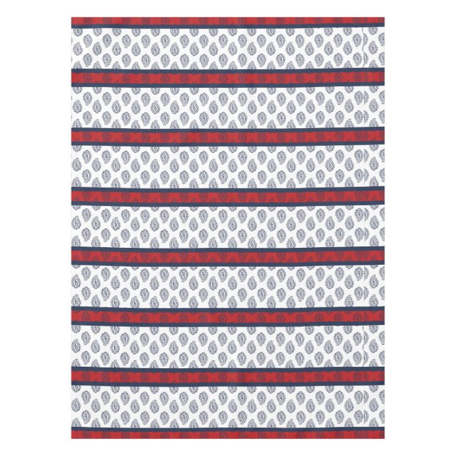 Navy Paisley Over Patriotic Stripes Tablecloth (Front)