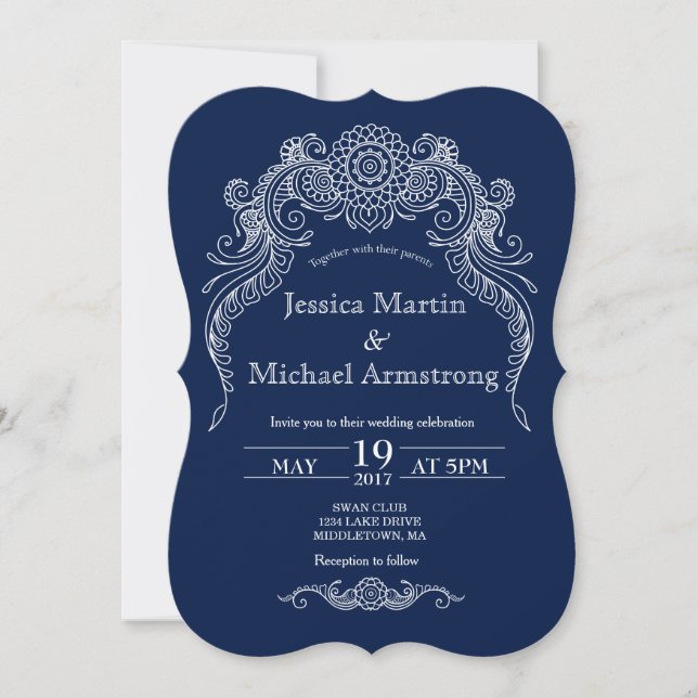 Navy paisley scroll design wedding invitation card (Front)