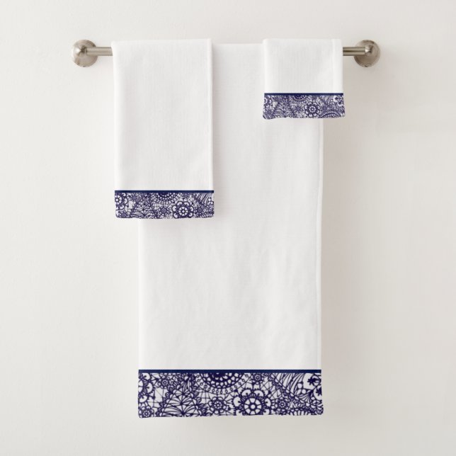 Navy Paisley White Towel Set (Insitu)