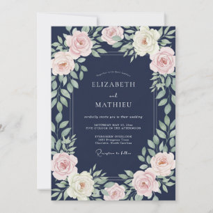 Navy Pale Pink Blossom Wedding Invitation