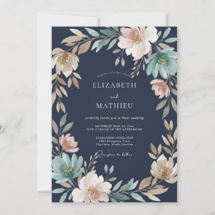 Navy Pale Pink Wreath Wedding Invitation