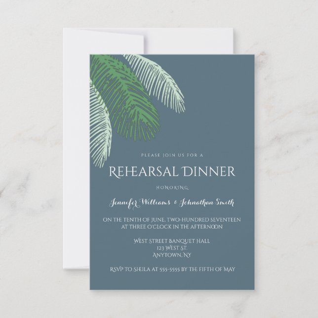 Navy palm leaves rehearsal dinner invitations (Front)