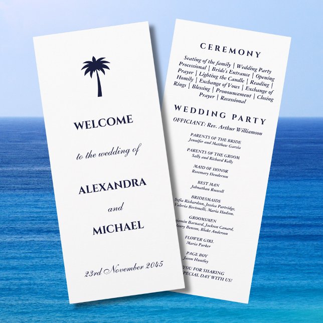 Navy Palm Tree Minimalist Coastal Wedding Programme (Creator Uploaded)