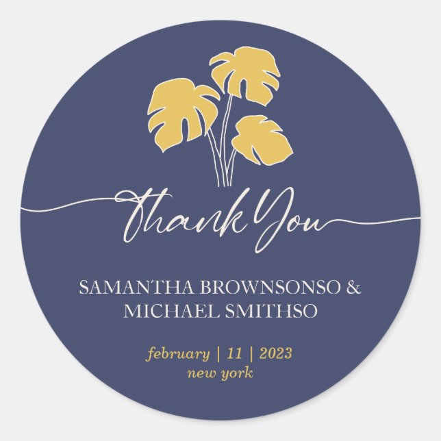 Navy Palm Tropical Floral Script Botanic Thank you Classic Round Sticker (Front)