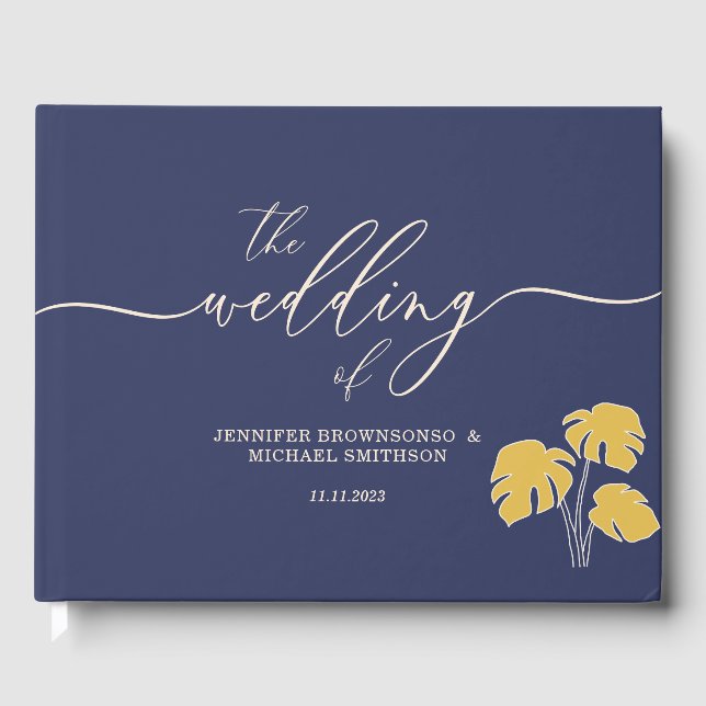 Navy Palm Tropical Floral Wedding Guest Book (Front)