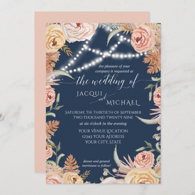 Navy Pampas Grass Blush Pink Floral Twinkle Lights Invitation (Front/Back)