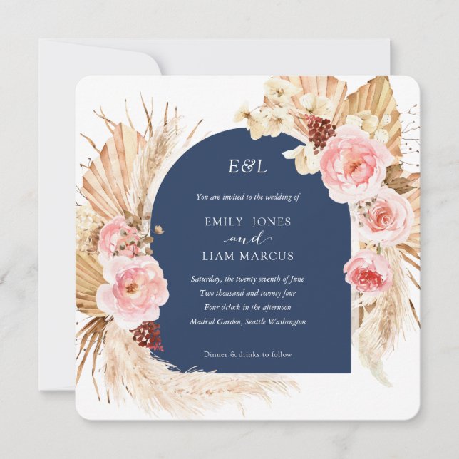 Navy Pampas Grass Modern Boho Floral Square  Invitation (Front)