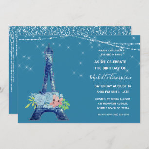 Navy Paris Eiffel Tower Glitter Floral Birthday In Invitation