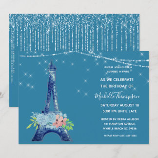 Navy Paris Eiffel Tower Glitter Floral Birthday In Invitation