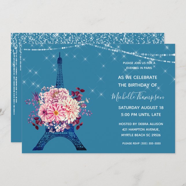 Navy Paris Eiffel Tower Glitter Floral Birthday Invitation (Front/Back)
