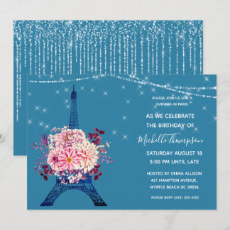 Navy Paris Eiffel Tower Glitter Floral Birthday Invitation