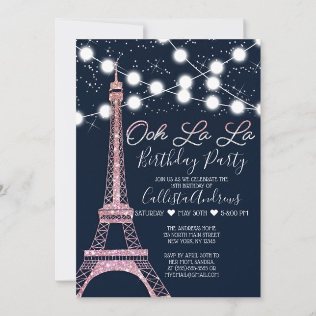 Navy Paris Eiffel Tower Glitter Lights Birthday Invitation (Front)