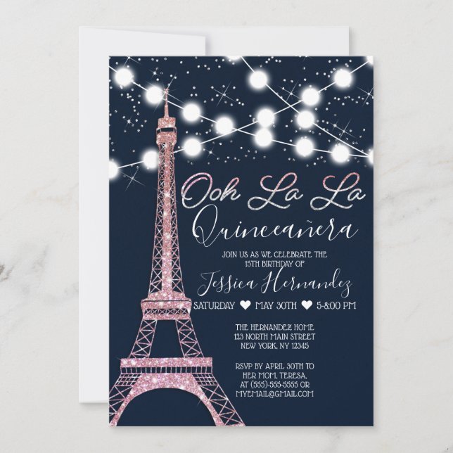 Navy Paris Eiffel Tower Glitter Lights Quinceañera Invitation (Front)
