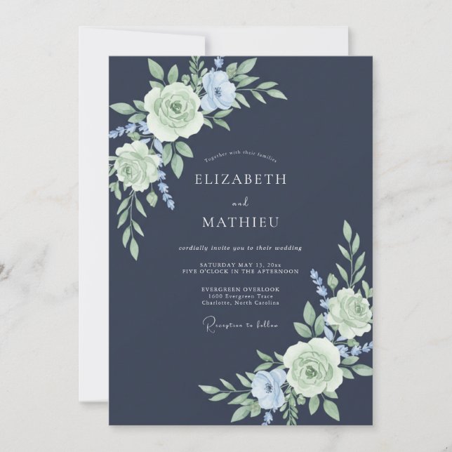 Navy Pastel Bloom Romance Wedding Invitation (Front)